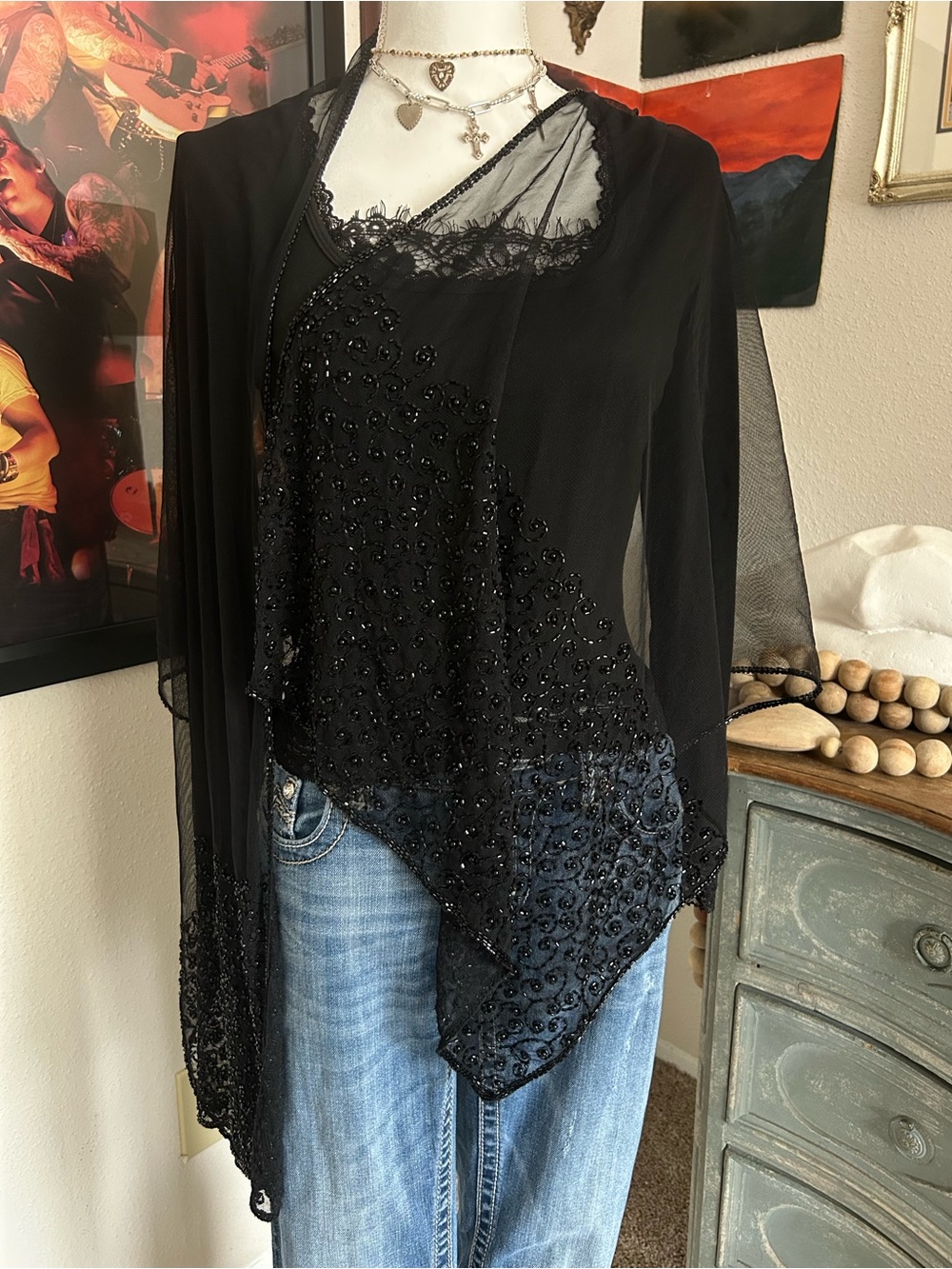 Vintage 90s Whimsigoth Beaded Scarf Wrap Black Sheer Mesh Witchy Gala Black Tie